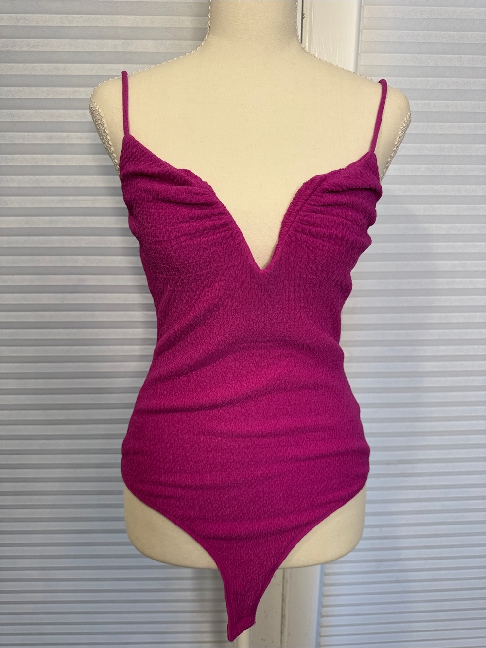 Astr Fuchsia Spaghetti-Strap V-Plunge Tank Bodysuit MK1314